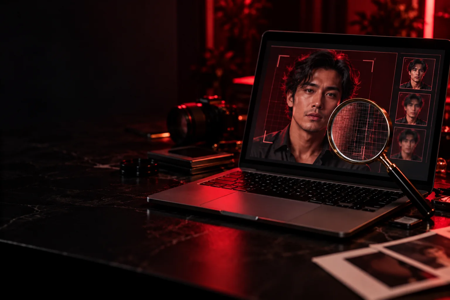 Laptop and magnifying glass over a face on screen, deepfake detector guide