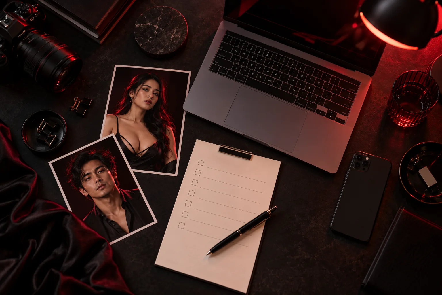 Desk with two photo prints seen from above, how we review face swap tools