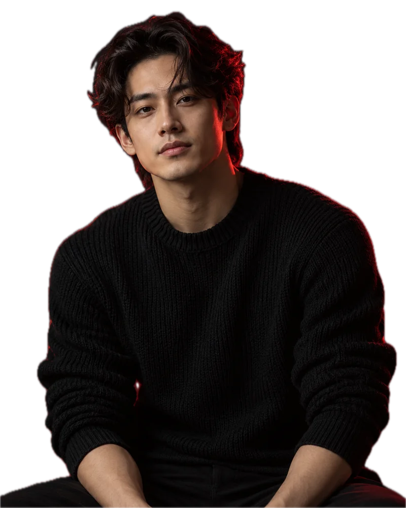 AI-generated portrait of a man with wavy hair in a black sweater
